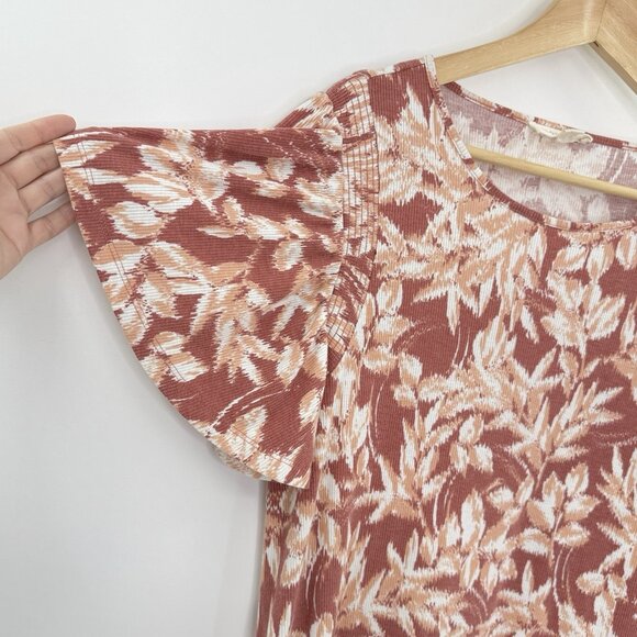 Ecothreads Flutter Sleeve Ribbed Floral Swing Dress Sz L Stretch Comfort Boho - Picture 4 of 9